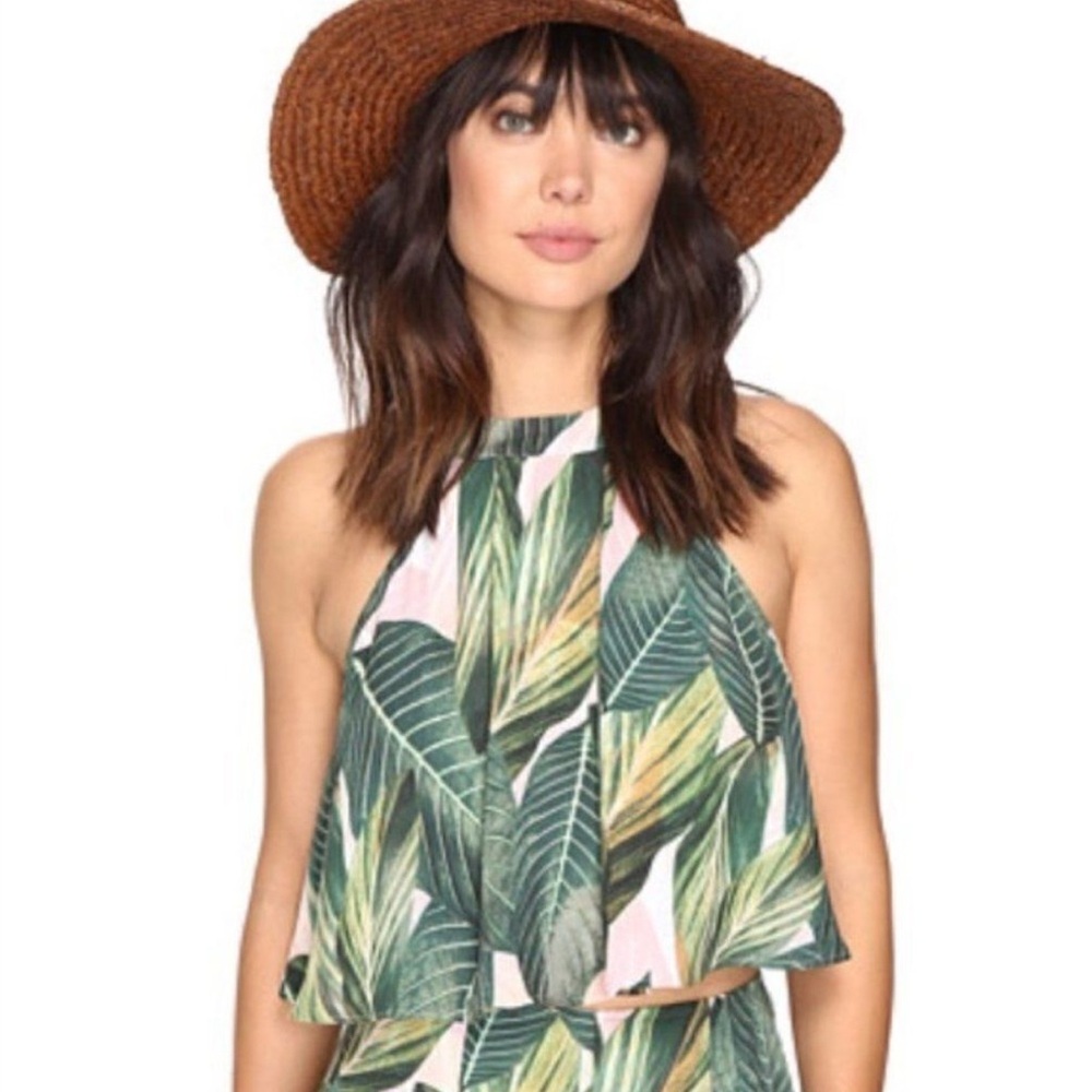 Show Me Your Mumu Mateo Palm Tie Halter Neck Top Cropped Green Pink Size Large